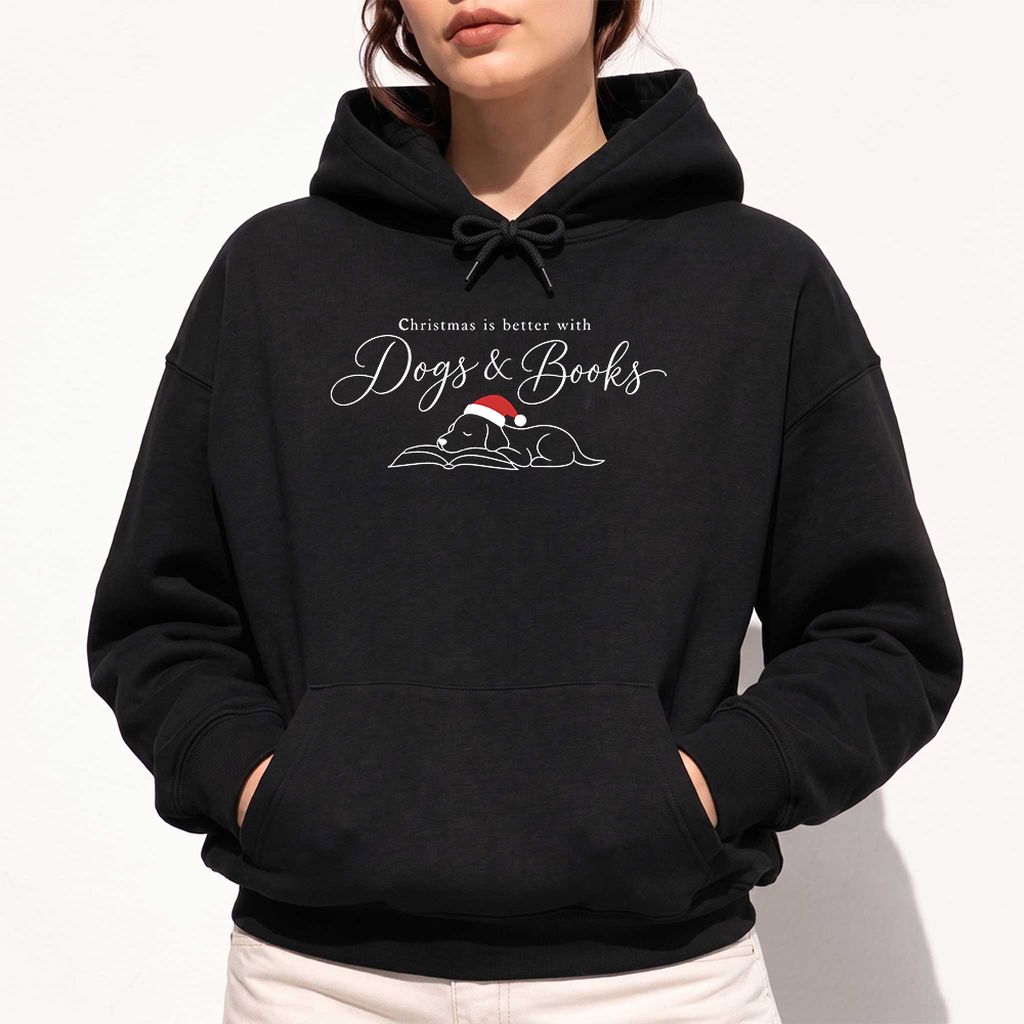 Christmas Is Better With Dogs & Books Softstyle Hoodie | Reader Gift Black