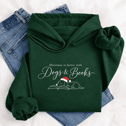 Christmas Is Better With Dogs & Books Softstyle Hoodie | Reader Gift Forest Green
