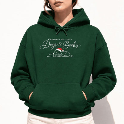 Christmas Is Better With Dogs & Books Softstyle Hoodie | Reader Gift Forest Green