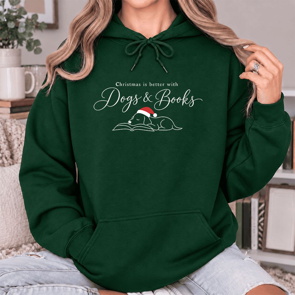 Christmas Is Better With Dogs & Books Softstyle Hoodie | Reader Gift Forest Green