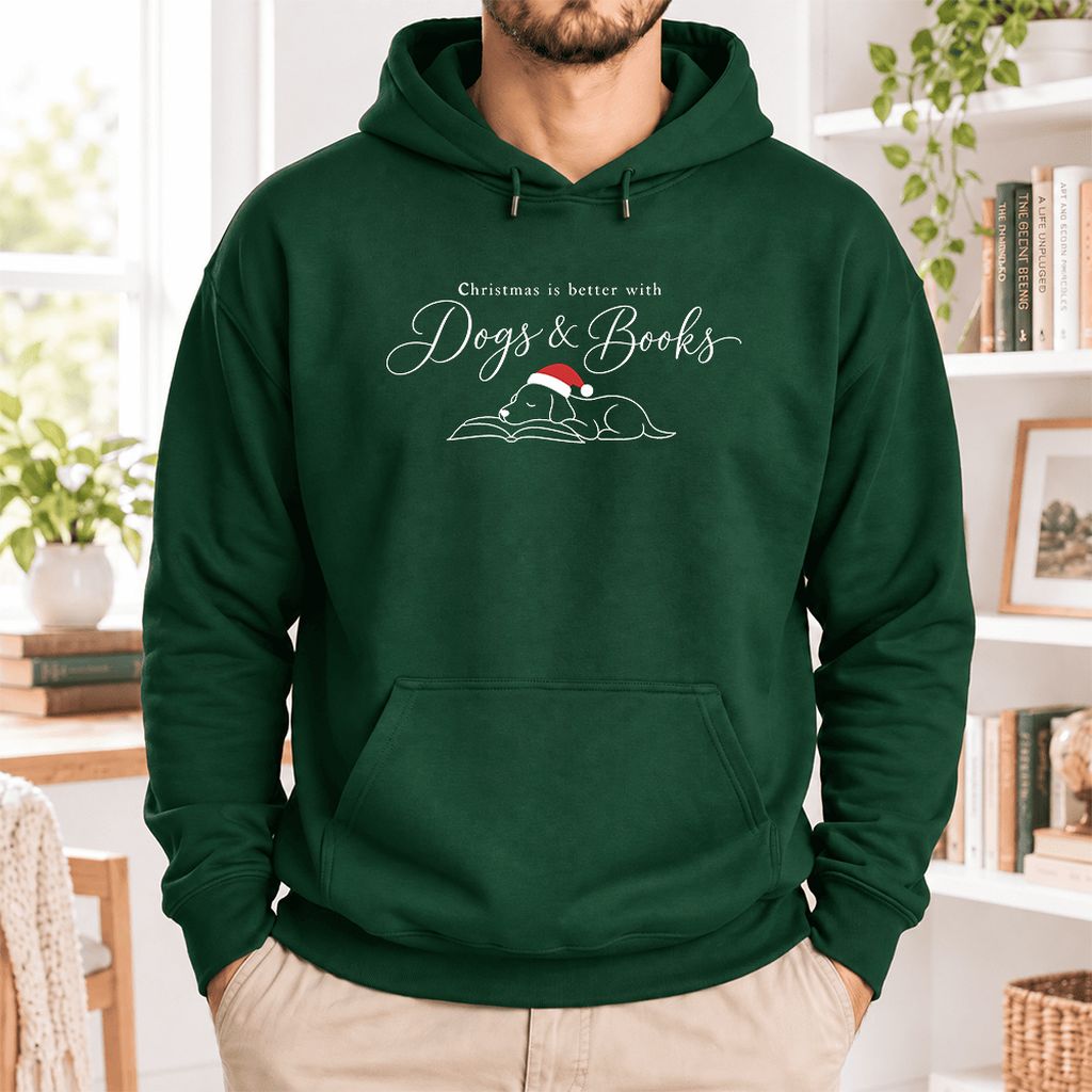 Christmas Is Better With Dogs & Books Softstyle Hoodie | Reader Gift Forest Green