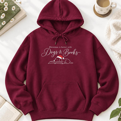 Christmas Is Better With Dogs & Books Softstyle Hoodie | Reader Gift Maroon