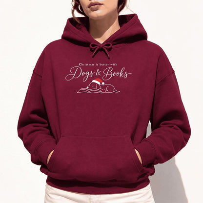 Christmas Is Better With Dogs & Books Softstyle Hoodie | Reader Gift Maroon