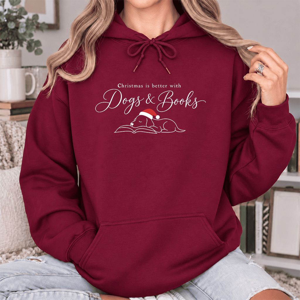 Christmas Is Better With Dogs & Books Softstyle Hoodie | Reader Gift Maroon
