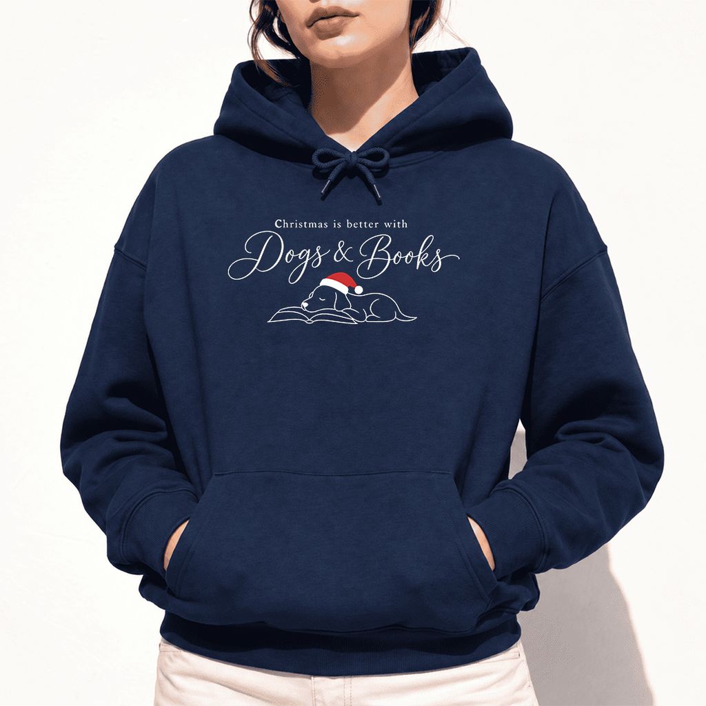 Christmas Is Better With Dogs & Books Softstyle Hoodie | Reader Gift Navy