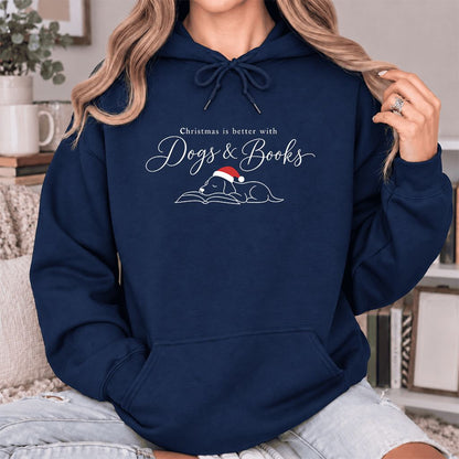Christmas Is Better With Dogs & Books Softstyle Hoodie | Reader Gift Navy