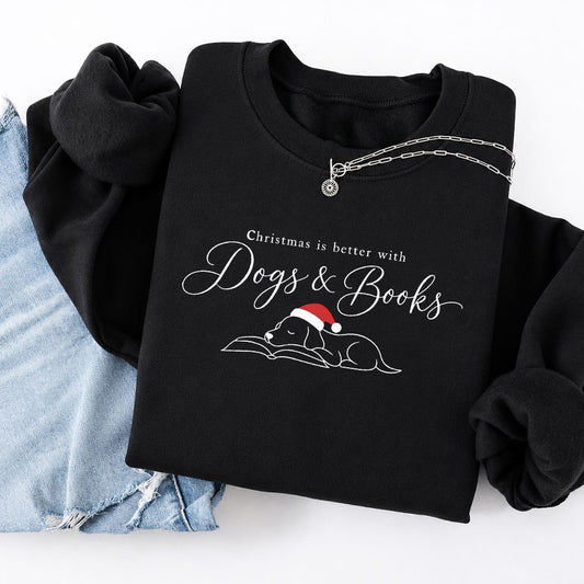 Christmas Is Better With Dogs & Books Softstyle Sweatshirt | Reader Gift Black