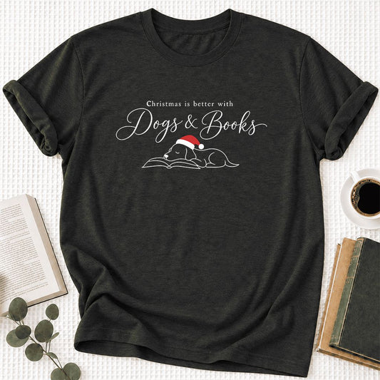 Christmas Is Better With Dogs & Books Ultra-Soft Cotton T-Shirt | Reader Gift Black Heather