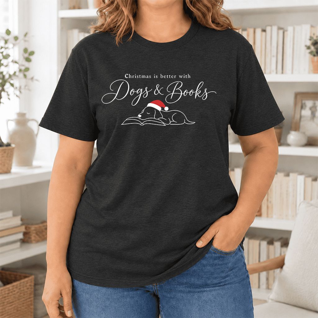 Christmas Is Better With Dogs & Books Ultra-Soft Cotton T-Shirt | Reader Gift Black Heather