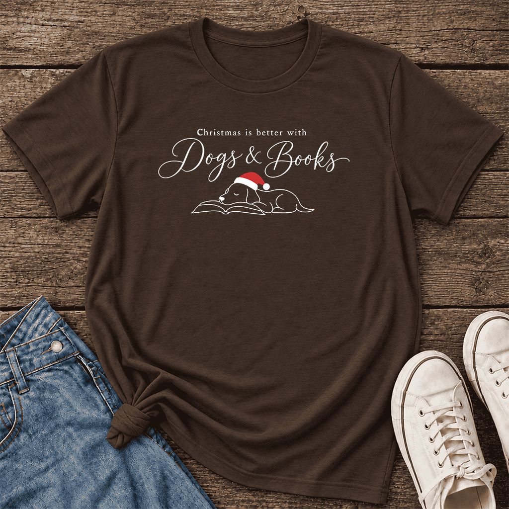Christmas Is Better With Dogs & Books Ultra-Soft Cotton T-Shirt | Reader Gift Brown