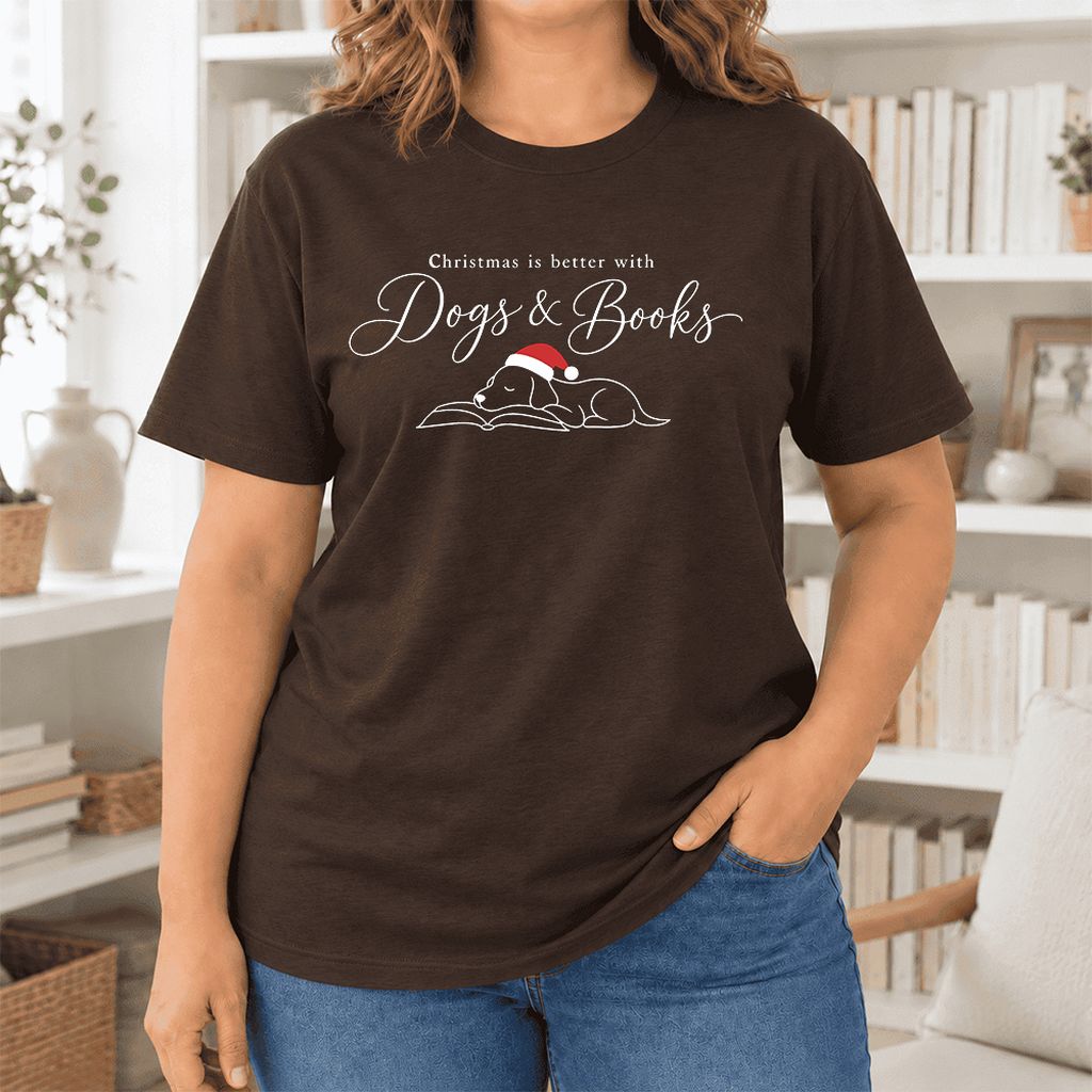 Christmas Is Better With Dogs & Books Ultra-Soft Cotton T-Shirt | Reader Gift Brown
