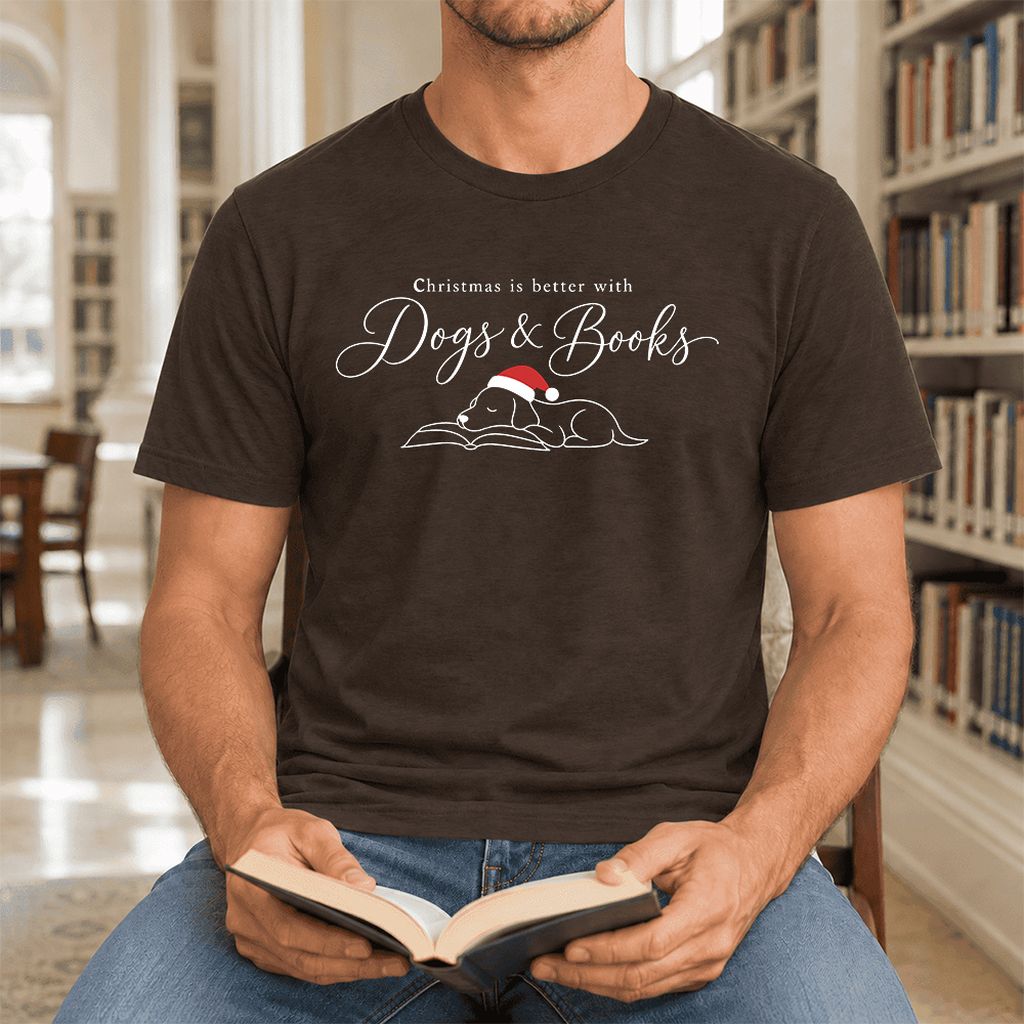 Christmas Is Better With Dogs & Books Ultra-Soft Cotton T-Shirt | Reader Gift Brown
