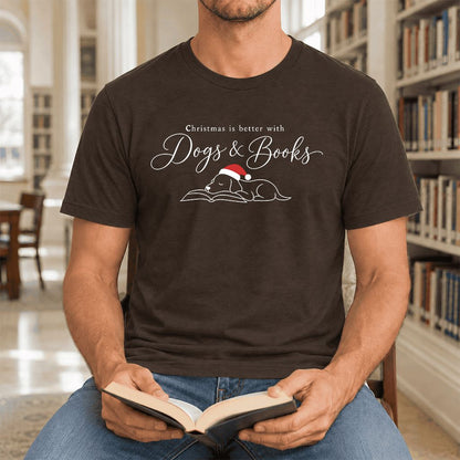 Christmas Is Better With Dogs & Books Ultra-Soft Cotton T-Shirt | Reader Gift Brown