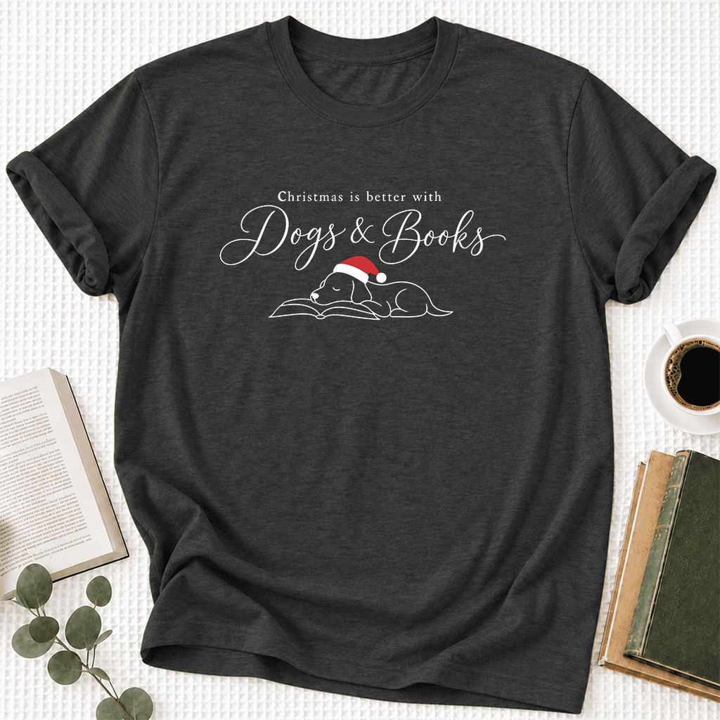 Christmas Is Better With Dogs & Books Ultra-Soft Cotton T-Shirt | Reader Gift Dark Grey Heather