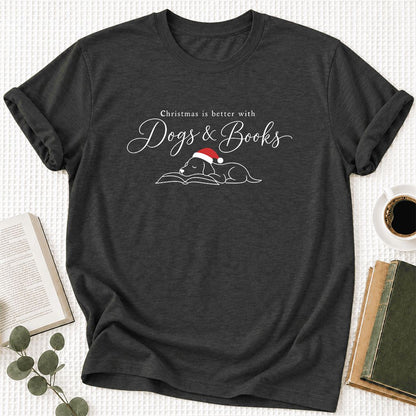 Christmas Is Better With Dogs & Books Ultra-Soft Cotton T-Shirt | Reader Gift Dark Grey Heather