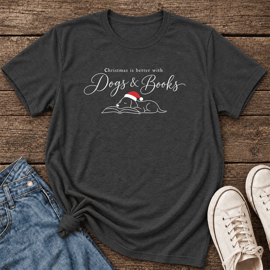 Christmas Is Better With Dogs & Books Ultra-Soft Cotton T-Shirt | Reader Gift Dark Grey Heather