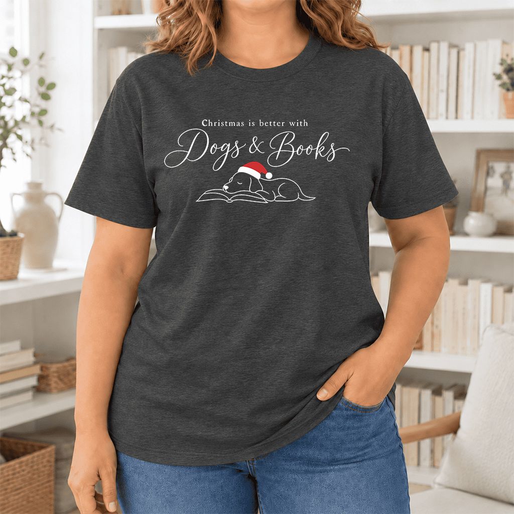 Christmas Is Better With Dogs & Books Ultra-Soft Cotton T-Shirt | Reader Gift Dark Grey Heather