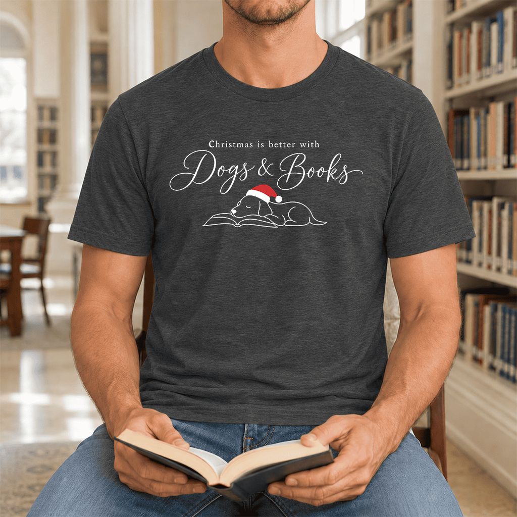 Christmas Is Better With Dogs & Books Ultra-Soft Cotton T-Shirt | Reader Gift Dark Grey Heather