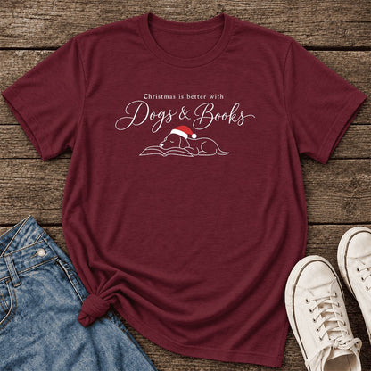 Christmas Is Better With Dogs & Books Ultra-Soft Cotton T-Shirt | Reader Gift Maroon