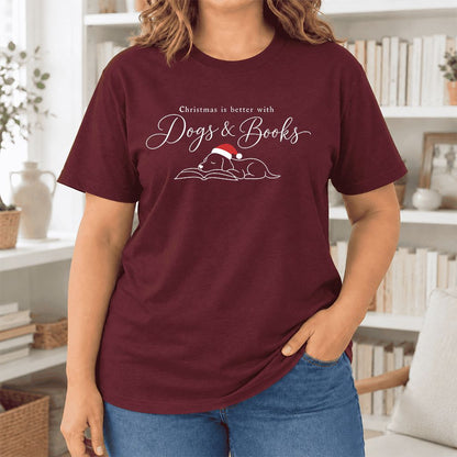 Christmas Is Better With Dogs & Books Ultra-Soft Cotton T-Shirt | Reader Gift Maroon