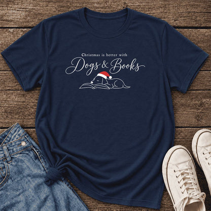 Christmas Is Better With Dogs & Books Ultra-Soft Cotton T-Shirt | Reader Gift Navy