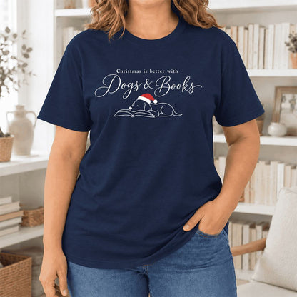 Christmas Is Better With Dogs & Books Ultra-Soft Cotton T-Shirt | Reader Gift Navy