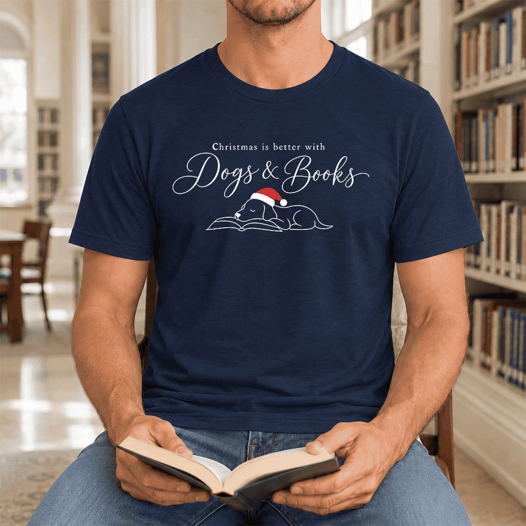 Christmas Is Better With Dogs & Books Ultra-Soft Cotton T-Shirt | Reader Gift Navy