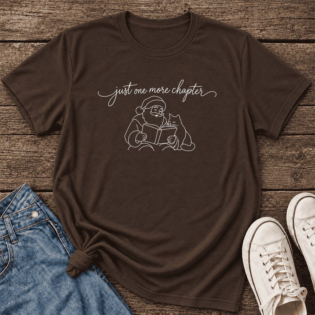 Just One More Chapter Santa And Cat Ultra-Soft Cotton T-Shirt | Gift Brown