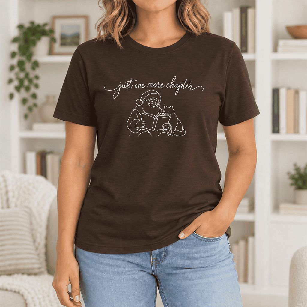 Just One More Chapter Santa And Cat Ultra-Soft Cotton T-Shirt | Gift Brown