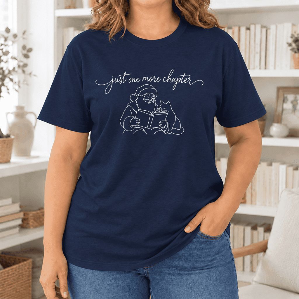 Just One More Chapter Santa And Cat Ultra-Soft Cotton T-Shirt | Gift Navy