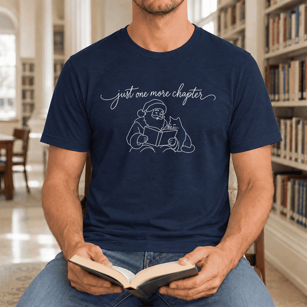 Just One More Chapter Santa And Cat Ultra-Soft Cotton T-Shirt | Gift Navy