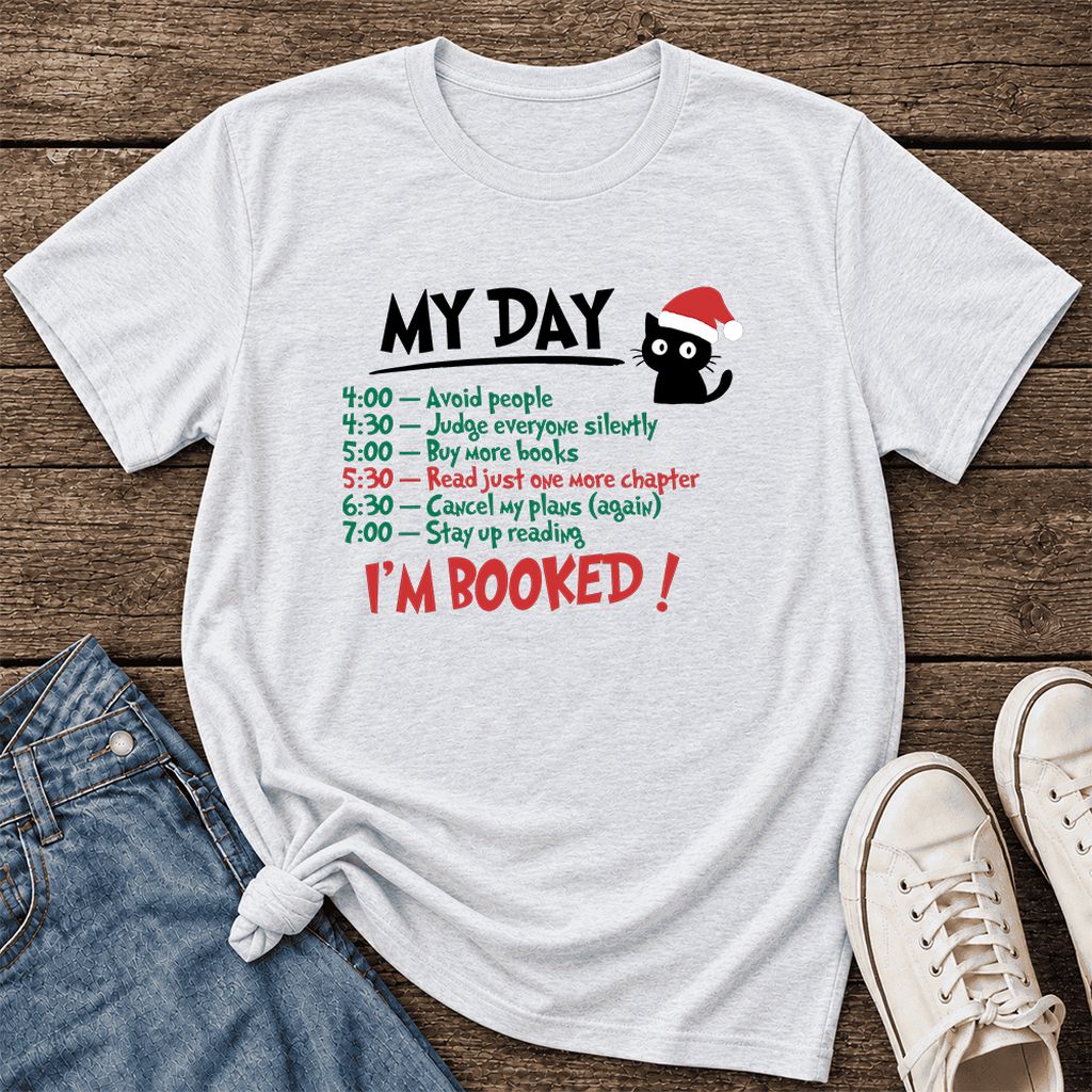 My Day I'm Booked Black Cat Ultra-Soft Cotton T-Shirt | Christmas Reader Gift Ash