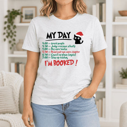 My Day I'm Booked Black Cat Ultra-Soft Cotton T-Shirt | Christmas Reader Gift Ash