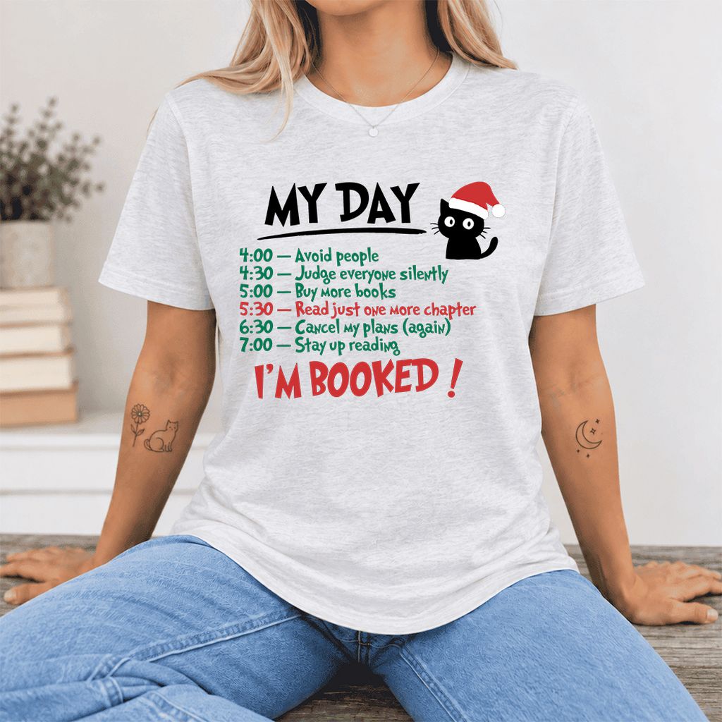 My Day I'm Booked Black Cat Ultra-Soft Cotton T-Shirt | Christmas Reader Gift Ash