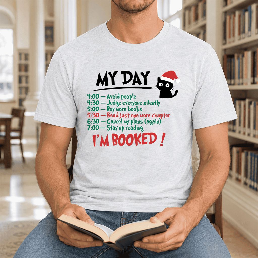 My Day I'm Booked Black Cat Ultra-Soft Cotton T-Shirt | Christmas Reader Gift Ash