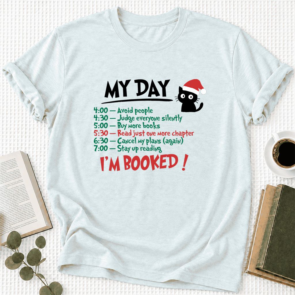 My Day I'm Booked Black Cat Ultra-Soft Cotton T-Shirt | Christmas Reader Gift Heather Ice Blue