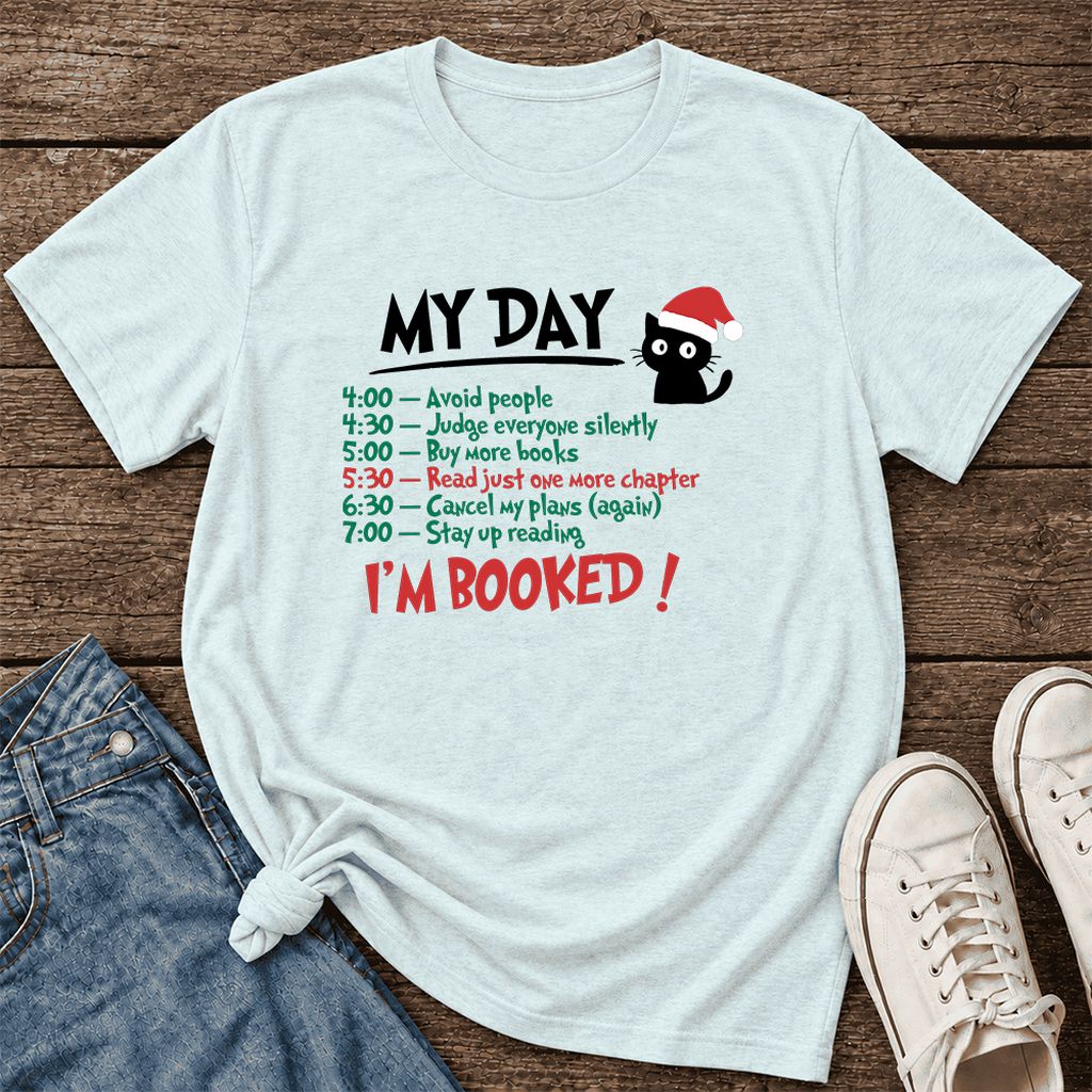 My Day I'm Booked Black Cat Ultra-Soft Cotton T-Shirt | Christmas Reader Gift Heather Ice Blue