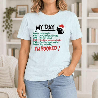 My Day I'm Booked Black Cat Ultra-Soft Cotton T-Shirt | Christmas Reader Gift Heather Ice Blue