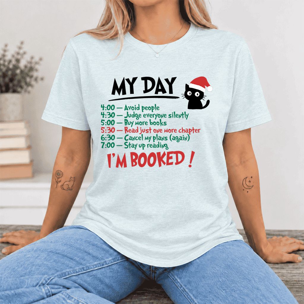 My Day I'm Booked Black Cat Ultra-Soft Cotton T-Shirt | Christmas Reader Gift Heather Ice Blue