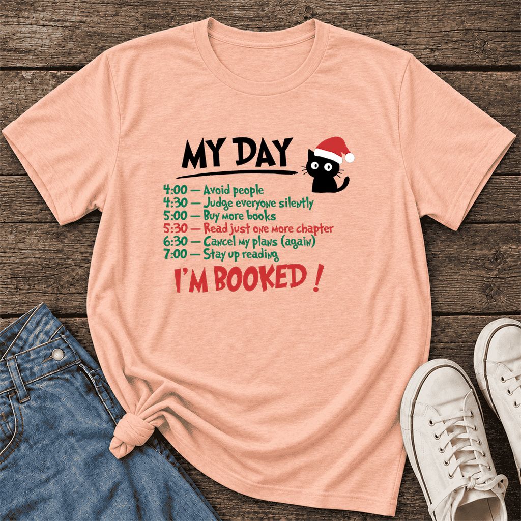 My Day I'm Booked Black Cat Ultra-Soft Cotton T-Shirt | Christmas Reader Gift Heather Peach