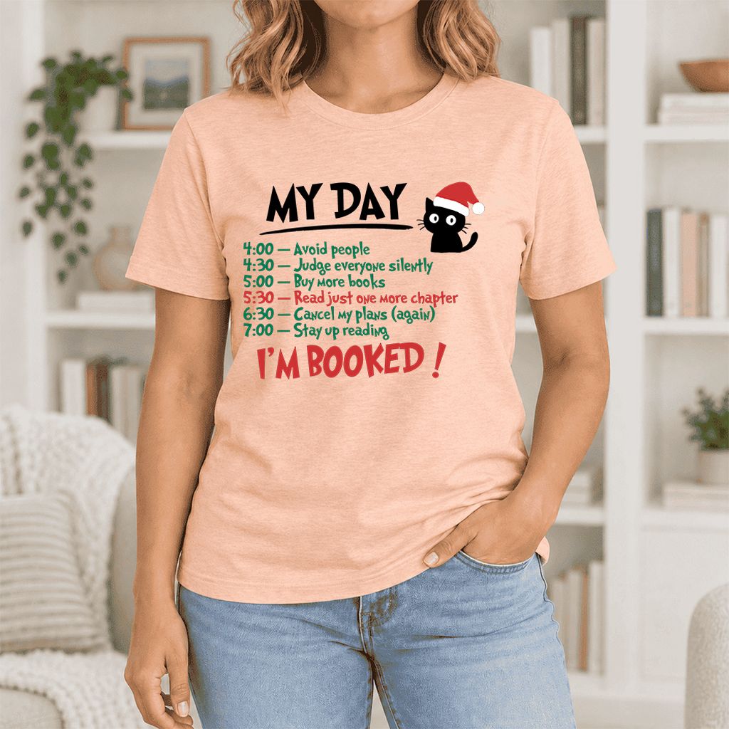 My Day I'm Booked Black Cat Ultra-Soft Cotton T-Shirt | Christmas Reader Gift Heather Peach