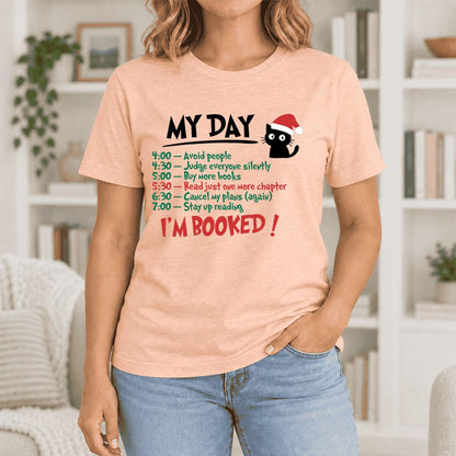 My Day I'm Booked Black Cat Ultra-Soft Cotton T-Shirt | Christmas Reader Gift Heather Peach