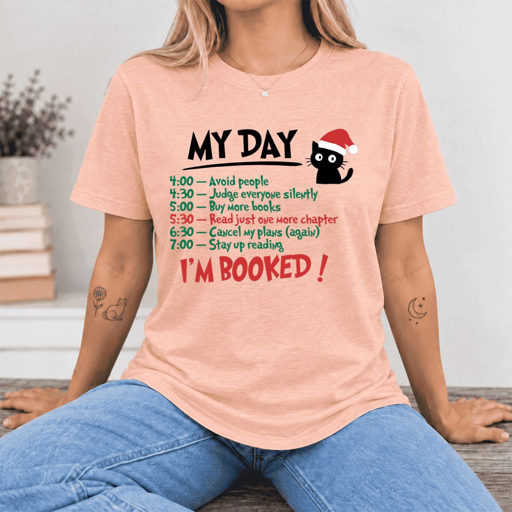 My Day I'm Booked Black Cat Ultra-Soft Cotton T-Shirt | Christmas Reader Gift Heather Peach
