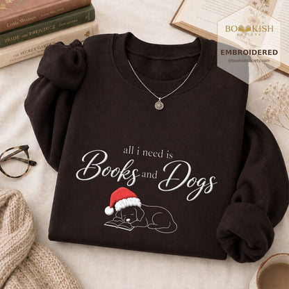 All I Need Is Books And Dogs Embroidered Sweatshirt | Dog Lover Reader Gift Dark Chocolate