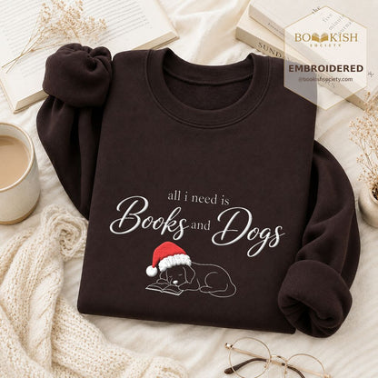 All I Need Is Books And Dogs Embroidered Sweatshirt | Dog Lover Reader Gift Dark Chocolate