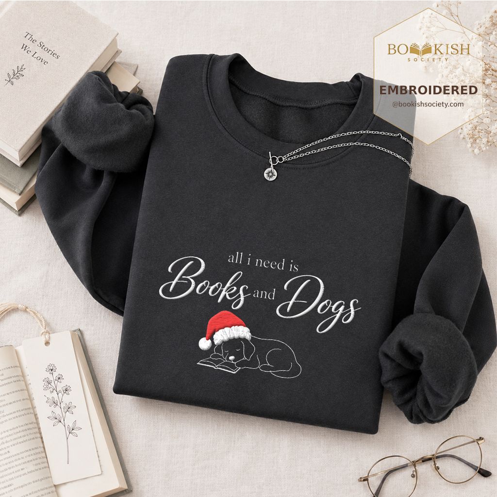 All I Need Is Books And Dogs Embroidered Sweatshirt | Dog Lover Reader Gift Dark Heather