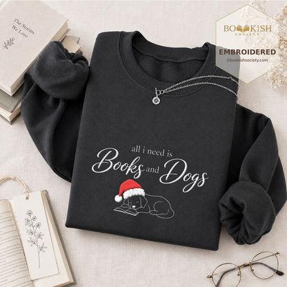 All I Need Is Books And Dogs Embroidered Sweatshirt | Dog Lover Reader Gift Dark Heather