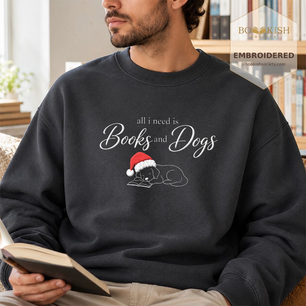 All I Need Is Books And Dogs Embroidered Sweatshirt | Dog Lover Reader Gift Dark Heather