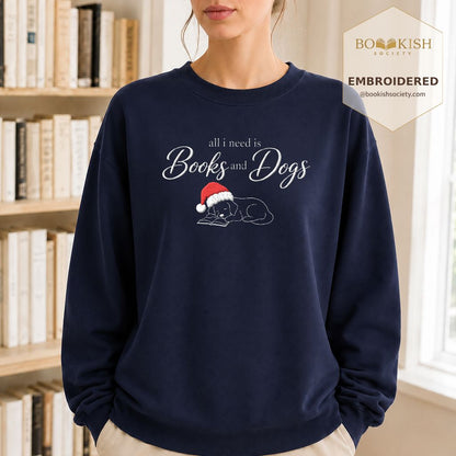 All I Need Is Books And Dogs Embroidered Sweatshirt | Dog Lover Reader Gift Navy