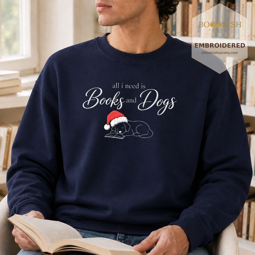 All I Need Is Books And Dogs Embroidered Sweatshirt | Dog Lover Reader Gift Navy